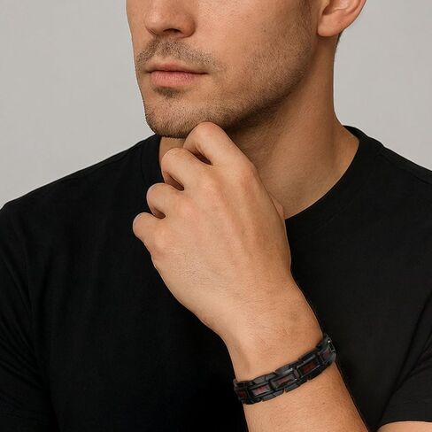 سوار RainSo المغناطيسي للرجال، كماشة العقرب، سوار من الفولاذ المقاوم للصدأ من الخشب المغناطيسي بثلاثة صفوف، يأتي مع أداة إزالة الارتباط المجانية وصندوق هدايا المجوهرات - (أسود وأحمر) in Kuwait