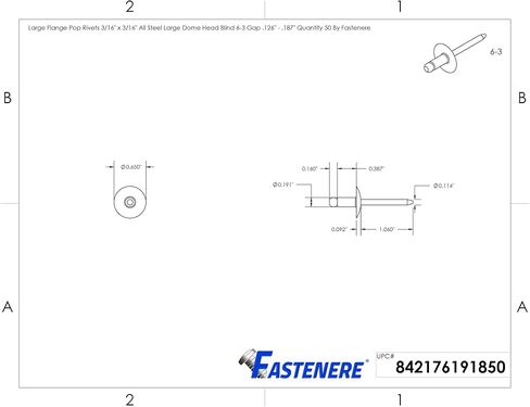 Fastenere Large Flange Pop Rivets - 3/16" x 7/8" (25 pcs) Heavy Duty, Open End, Steel Zinc, Corrosion-Resistant, High Tensile & Shear Strength, 6-14 Gap .751" - .875" in Saudi Arabia