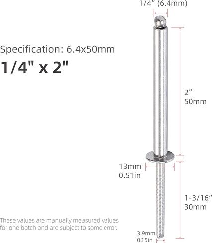 20 قطعة من المسامير الطويلة جدًا المصنوعة من الفولاذ المقاوم للصدأ - قطر 1/4 بوصة، شديدة التحمل، مسامير عمياء مفتوحة النهاية، مقاومة للتآكل وقوة قص عالية (1/4 بوصة × 2 بوصة) in Kuwait