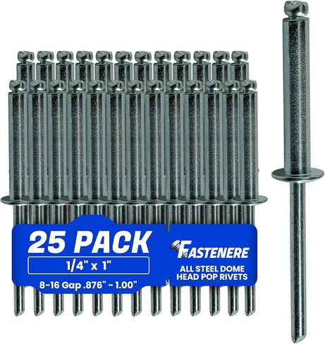 Fastenere Pop Rivets - 1/4" x 1" (25 pcs) Heavy Duty, Open-End, Low Carbon Steel, Dome-Head Blind Rivets, Corrosion-Resistant & High Shear Strength, 8-16 Gap 0.876"-1.00" in Saudi Arabia