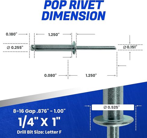 Fastenere Pop Rivets - 1/4" x 1" (25 pcs) Heavy Duty, Open-End, Low Carbon Steel, Dome-Head Blind Rivets, Corrosion-Resistant & High Shear Strength, 8-16 Gap 0.876"-1.00" in Saudi Arabia