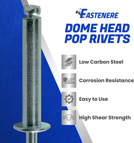 Fastenere Pop Rivets - 1/4" x 1" (25 pcs) Heavy Duty, Open-End, Low Carbon Steel, Dome-Head Blind Rivets, Corrosion-Resistant & High Shear Strength, 8-16 Gap 0.876"-1.00" in Saudi Arabia