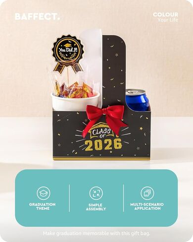 هدايا التخرج من Baffect فئة 2026، تتضمن 24 حاملة أكواب مشروبات، و24 علمًا صغيرًا للتزيين و1 لفة شريط، من أجل هدايا الحفلات/التذكار بالجملة في حفلة التخرج بالمدرسة الثانوية/الجامعة (أسود وذهبي) in Kuwait