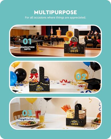 هدايا التخرج من Baffect فئة 2026، تتضمن 24 حاملة أكواب مشروبات، و24 علمًا صغيرًا للتزيين و1 لفة شريط، من أجل هدايا الحفلات/التذكار بالجملة في حفلة التخرج بالمدرسة الثانوية/الجامعة (أسود وذهبي) in Kuwait