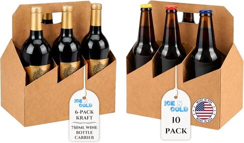 ICE N COLD® 6 Pack Bottle Carrier Kraft Cardboard – Wine & Beer Bottle Holder – Beverage Carryout Packaging for Liquor Stores, Breweries, Grocery & Retail (10, Kraft, 6-P) in Kuwait