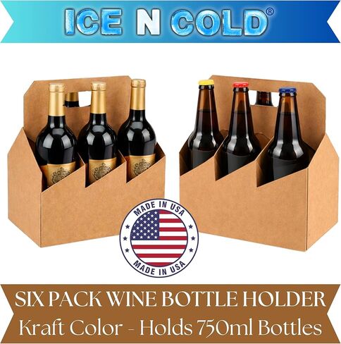 ICE N COLD® 6 Pack Bottle Carrier Kraft Cardboard – Wine & Beer Bottle Holder – Beverage Carryout Packaging for Liquor Stores, Breweries, Grocery & Retail (10, Kraft, 6-P) in Kuwait