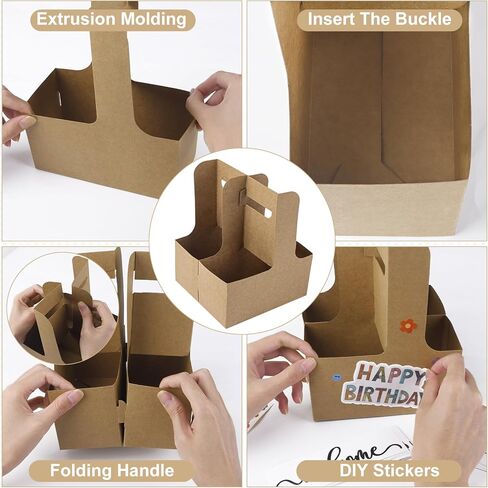 30 Pcs 2 Cup Drink Carrier with Handle, Assemblable Kraft Cardboard Cup Holders with 30 Pcs Happy Birthday Stickers, Disposable Drink Carrier for Drinks Coffee Take Out Cup Carriers Brown in Kuwait