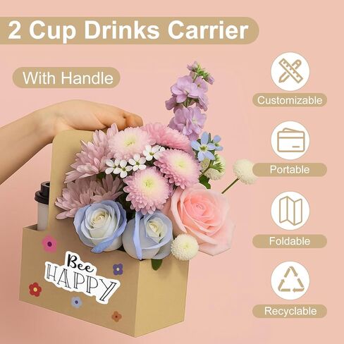 30 Pcs 2 Cup Drink Carrier with Handle, Assemblable Kraft Cardboard Cup Holders with 30 Pcs Happy Birthday Stickers, Disposable Drink Carrier for Drinks Coffee Take Out Cup Carriers Brown in Kuwait