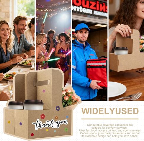 30 Pcs 2 Cup Drink Carrier with Handle, Assemblable Kraft Cardboard Cup Holders with 30 Pcs Happy Birthday Stickers, Disposable Drink Carrier for Drinks Coffee Take Out Cup Carriers Brown in Kuwait