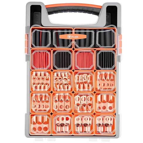 227pcs Battery Cable Ends Kit,AWG 2 4 6 8 1/0 2/0 Gauge,0 Gauge 00 Gauge Heavy Duty Wire lugs, 3/8" Ring Terminal Connectors with 3:1 Heat Shrink Tube & Storage Box in Kuwait