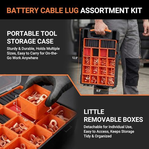 227pcs Battery Cable Ends Kit,AWG 2 4 6 8 1/0 2/0 Gauge,0 Gauge 00 Gauge Heavy Duty Wire lugs, 3/8" Ring Terminal Connectors with 3:1 Heat Shrink Tube & Storage Box in Kuwait