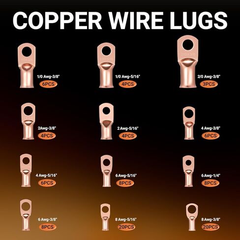 227pcs Battery Cable Ends Kit,AWG 2 4 6 8 1/0 2/0 Gauge,0 Gauge 00 Gauge Heavy Duty Wire lugs, 3/8" Ring Terminal Connectors with 3:1 Heat Shrink Tube & Storage Box in Kuwait