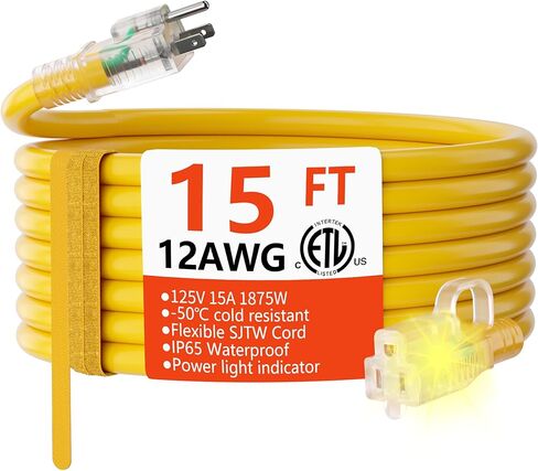 HUANCHAIN ​​12 سلك تمديد خارجي عالي التحمل بطول 25 قدمًا مقاوم للماء مع طرف مضاء، سلك كهربائي مرن مقاوم للبرد 3 شقوق خارجي، 15 أمبير 1875 وات 12AWG SJTW، أصفر، ETL in Kuwait