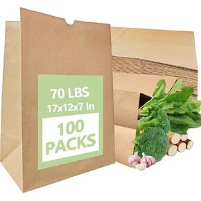 100 حزمة من أكياس ورق الكرافت الورقية، حقيبة بنية كبيرة للخدمة الشاقة بوزن 70 رطلاً، أكياس مقاس 12 × 7 × 17 بوصة للتخزين، والإخراج، والتسوق، والأكياس in Kuwait
