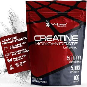 مسحوق الكرياتين مونوهيدرات من ويلنيس لابسركس 500 جرام - 100 حصة مكمل مسحوق الكرياتين المجهري، الكرياتين بدون نكهة للنساء والرجال، يدعم قوة العضلات والطاقة والقدرة على التحمل والتمرين in Kuwait