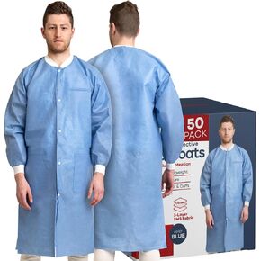 معاطف مختبر طبية للاستعمال مرة واحدة من ميديكال نيشن | 10 عبوات - 50 عبوة | معاطف مختبر للبالغين بأساور وجيوب محبوكة (مقاس صغير - 5XL) in Kuwait
