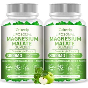 عبوتان من مكملات علكة مالات المغنيسيوم 3000 ملغ من ليبوسومال، مونوهيدرات الكرياتين المركب، حمض الفوليك، B12 وD3 النشط، L-الثيانين وCoQ10، لتخفيف التوتر، والميثيل، والطاقة، والعضلات والهدوء in Kuwait