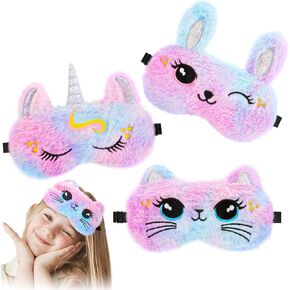 3 Pcs Cute Animal Kids Sleep Mask, 100% Blackout Eye Masks for Girls, Soft & Comfortable Plush Eye Covers with Adjustable Strap for Sleeping, Travel, Home, Party (Unicorn/Cat/Bunny) in Kuwait