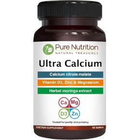 بيور نيوتريشن - كالسيوم فائق 1000 مجم مع فيتامين د3 + ك2 | 90 علامة تبويب | مكمل الكالسيوم مع مالات سيترات الكالسيوم وفيتامين D3 وK2 والمورينجا أوليفيرا والمغنيسيوم والزنك. in Kuwait