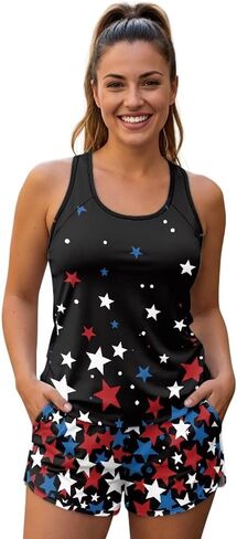 FUSURIRE Women's 2-Piece Tankini Swimsuit Set,Racerback Tank Top with High-Waisted Board Shorts Modest Bathing Suit in Kuwait