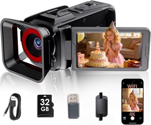 4K Video Camera Camcorder 64MP WiFi for YouTube Vlogging, 18X Digital Zoom 3" 270° Flip Screen, with 32GB SD Card & Card Reader, Built-in 2500mAh Battery (Purple) in Kuwait