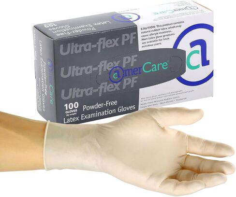 قفازات AmerCare Ultra Flex خالية من البودرة، قفازات لاتكس للفحص، مقاس متوسط، علبة 1000 in Kuwait