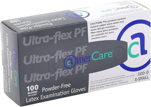 قفازات AmerCare Ultra Flex خالية من البودرة، قفازات لاتكس للفحص، مقاس متوسط، علبة 1000 in Kuwait