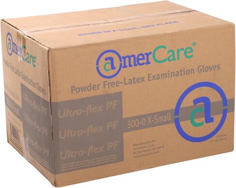 قفازات AmerCare Ultra Flex خالية من البودرة، قفازات لاتكس للفحص، مقاس متوسط، علبة 1000 in Kuwait