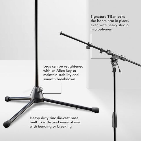 حامل ميكروفون ثلاثي القوائم K&M König & Meyer 21090.500.55 - ذراع ذراع تصغير قابل للتعديل مكون من قطعتين - درجة احترافية - شديدة التحمل مع قاعدة أرجل قابلة للطي - صناعة ألمانية باللون الأسود in Kuwait