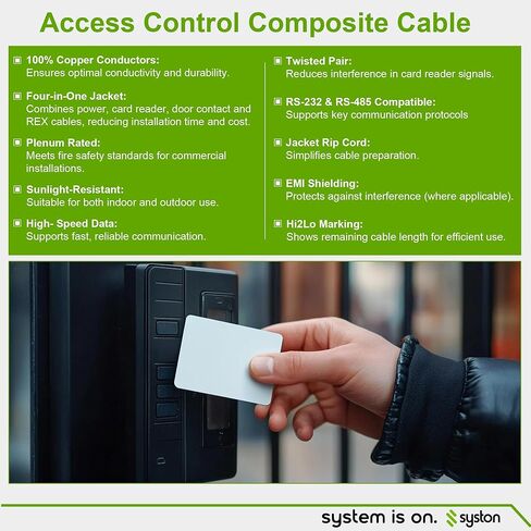 كابل مركب للتحكم في الوصول من SYSTON - 18/4c+22/3pr OAS+22/2c+22/4c، CMP/CL3P/FT6، موصلات نحاسية مجدولة، OSDP & Wiegand متوافق مع طاقة القفل، وقارئ البطاقات، وملامسة الباب، وطلب الخروج in Kuwait