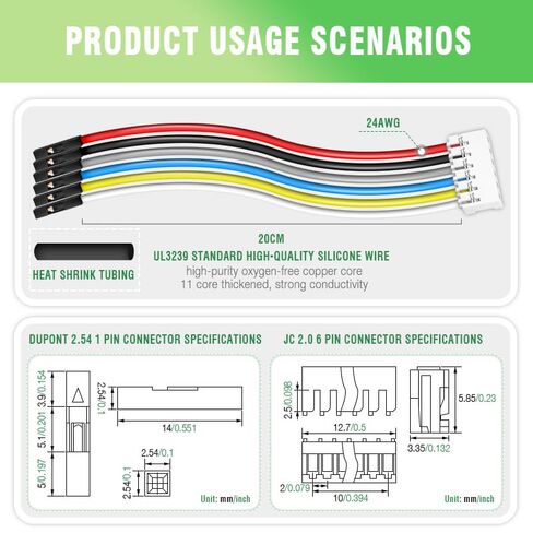 لوحة توصيل أسلاك توصيل مرنة من السيليكون 24AWG 20 سم 5 مجموعات/40 قطعة لـ 6 Dupont 2.54mm 1-Pin إلى JC 2.0mm 6-Pin موصل التوصيل بين المحرك، وحدة DIY وكابل لوحات التوسيع/التطوير in Kuwait