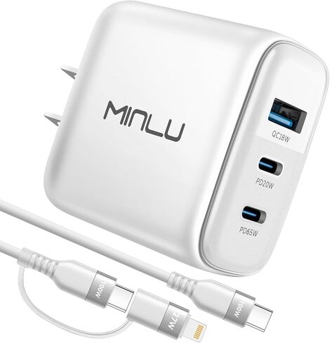 65W USB C Charger Block ، Minlu Gan 3-Port Compact Fast PPS Wall Charger مع 100W 2 في 1 كابل USB-C إلى C/L ، شحن سريع لـ MacBook Pro/Air و iPad و iPhone 16/15 والمزيد in Kuwait