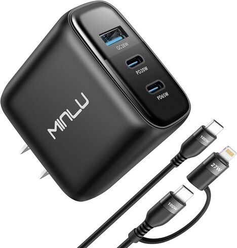 65W USB C Charger Block ، Minlu Gan 3-Port Compact Fast PPS Wall Charger مع 100W 2 في 1 كابل USB-C إلى C/L ، شحن سريع لـ MacBook Pro/Air و iPad و iPhone 16/15 والمزيد in Kuwait