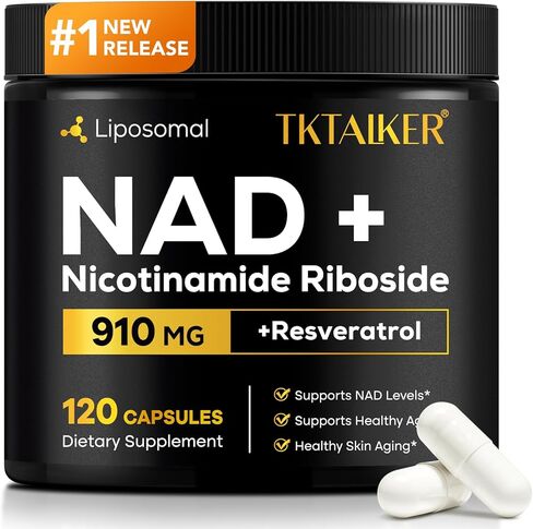 مكمل TKTALKER NAD، 910 مجم من نيكوتيناميد ريبوسيد الشحمي مع ريسفيراترول وكيرسيتين، مضاد للشيخوخة، الطاقة الخلوية، التركيز الذهني والقدرة على التحمل والصحة، للنساء والرجال، 120 كبسولة in Saudi Arabia