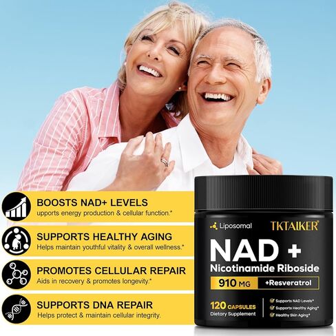 مكمل TKTALKER NAD، 910 مجم من نيكوتيناميد ريبوسيد الشحمي مع ريسفيراترول وكيرسيتين، مضاد للشيخوخة، الطاقة الخلوية، التركيز الذهني والقدرة على التحمل والصحة، للنساء والرجال، 120 كبسولة in Saudi Arabia