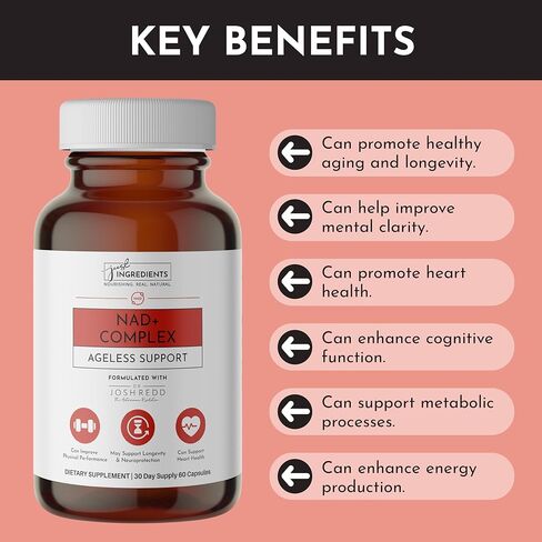 JUST INGREDIENTS NAD+ Supplement – 60 Capsules – Supports Cellular Energy, Healthy Aging, Mitochondrial Function & DNA Repair – with Nicotinamide Riboside, Resveratrol, Beet Root & NAD3® Complex in Kuwait