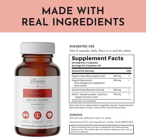JUST INGREDIENTS NAD+ Supplement – 60 Capsules – Supports Cellular Energy, Healthy Aging, Mitochondrial Function & DNA Repair – with Nicotinamide Riboside, Resveratrol, Beet Root & NAD3® Complex in Kuwait