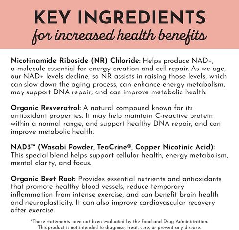JUST INGREDIENTS NAD+ Supplement – 60 Capsules – Supports Cellular Energy, Healthy Aging, Mitochondrial Function & DNA Repair – with Nicotinamide Riboside, Resveratrol, Beet Root & NAD3® Complex in Kuwait