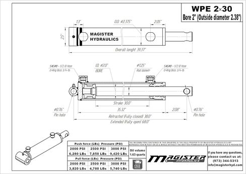 Magister Hydraulic Cylinder 2" Bore x 30" Stroke, Welded Hydraulic Ram with Pin Eye Mount, Double Acting Hydraulic Piston 3500 PSI (WPE 2x30) in Kuwait