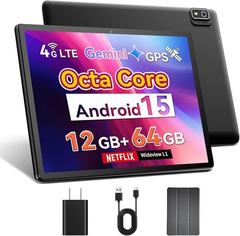 [2-in-1] Android Tablet 10 بوصة Android 15 Tablet مع لوحة المفاتيح ، و 4G LTE Cellular ، و IPS شاشة ، ومعالج Mediatek Octa Core ، 12 جيجابايت+64 جيجابايت ، 2 تيرابايت قابلة للتوسيع ، 5g Wi-Fi ، GPS ، 2 في 1 tableta مع العلبة ، الماوس ، الماوس in Kuwait