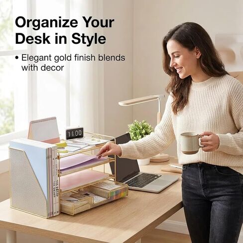 منظمات وملحقات مكتب الملفات - منظم درج الرسائل الورقية مع حامل ملفات قابلة للإزالة+ درج ، منظم ملف مساحة عمل سطح المكتب للمكتب للملحقات المكتبية (الذهب) in Kuwait