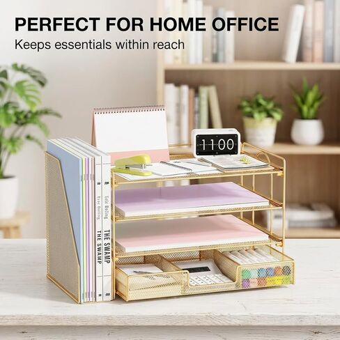منظمات وملحقات مكتب الملفات - منظم درج الرسائل الورقية مع حامل ملفات قابلة للإزالة+ درج ، منظم ملف مساحة عمل سطح المكتب للمكتب للملحقات المكتبية (الذهب) in Kuwait