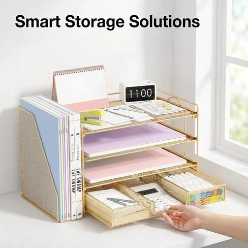 منظمات وملحقات مكتب الملفات - منظم درج الرسائل الورقية مع حامل ملفات قابلة للإزالة+ درج ، منظم ملف مساحة عمل سطح المكتب للمكتب للملحقات المكتبية (الذهب) in Kuwait
