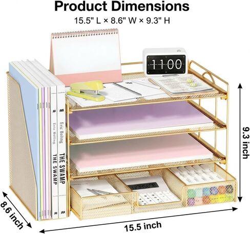 منظمات وملحقات مكتب الملفات - منظم درج الرسائل الورقية مع حامل ملفات قابلة للإزالة+ درج ، منظم ملف مساحة عمل سطح المكتب للمكتب للملحقات المكتبية (الذهب) in Kuwait