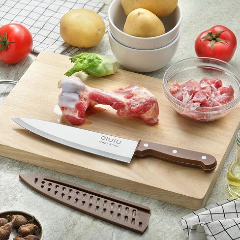 سكين الشيف OLULU مقاس 8 بوصة، سكين مطبخ حاد مع غمد سكين واقٍ، سكين تقطيع حاد مع مقبض مريح، ستانلس ستيل ألماني، آمن للاستخدام في غسالة الأطباق (اللون البني) in Kuwait