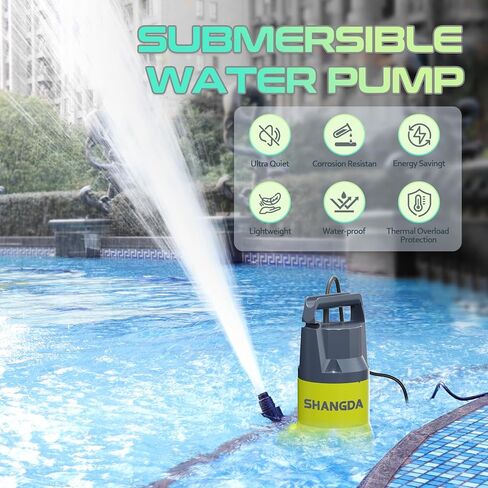 مضخة مستنقع 1 حصان مضخة تصريف مياه غاطسة 4500 جيجا في الساعة، مضخات كهربائية محمولة لنقل المياه لحمام السباحة، الطابق السفلي، الحديقة، المنتجعات الصحية، أحواض المياه الساخنة، ساحة الفيضانات، أصفر in Kuwait