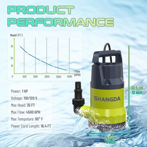 مضخة مستنقع 1 حصان مضخة تصريف مياه غاطسة 4500 جيجا في الساعة، مضخات كهربائية محمولة لنقل المياه لحمام السباحة، الطابق السفلي، الحديقة، المنتجعات الصحية، أحواض المياه الساخنة، ساحة الفيضانات، أصفر in Kuwait