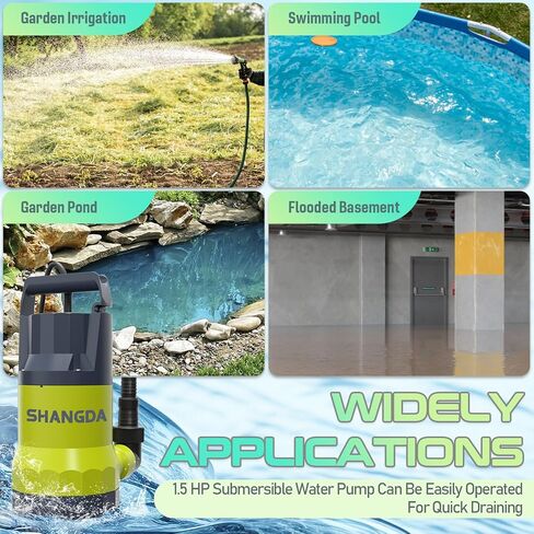 مضخة مستنقع 1 حصان مضخة تصريف مياه غاطسة 4500 جيجا في الساعة، مضخات كهربائية محمولة لنقل المياه لحمام السباحة، الطابق السفلي، الحديقة، المنتجعات الصحية، أحواض المياه الساخنة، ساحة الفيضانات، أصفر in Kuwait