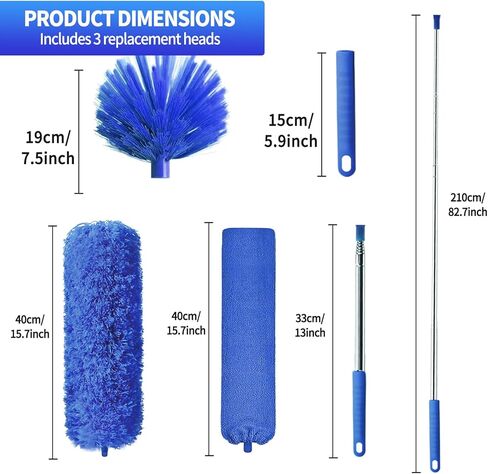 منفضة نسيج العنكبوت مع عمود تمديد، مجموعة منفضة تنظيف قابلة للغسل مع 3 رؤوس منفضة، منفضة نسيج العنكبوت، فرشاة زاوية، منظف غبار الفجوة، عمود تلسكوبي لمروحة السقف، منفضة طويلة للأسقف العالية in Kuwait