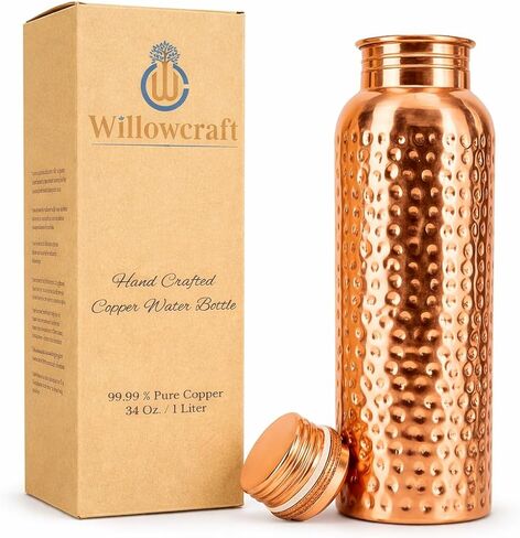 Copper Water Bottle (34oz/1000ml) 100% Pure Handmade Hammered Ayurvedic Pure Copper Vessel for Drinking Heavy Duty & Leak-proof in Saudi Arabia